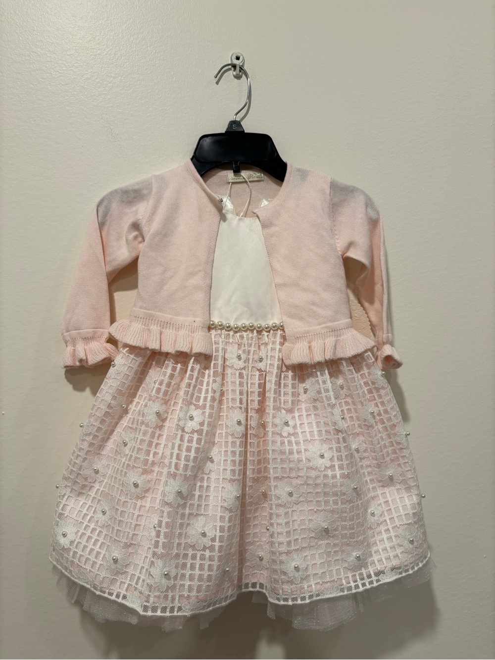 Girls Pink Pearl-Embellished Tulle Party Dress with Cardigan Brand New